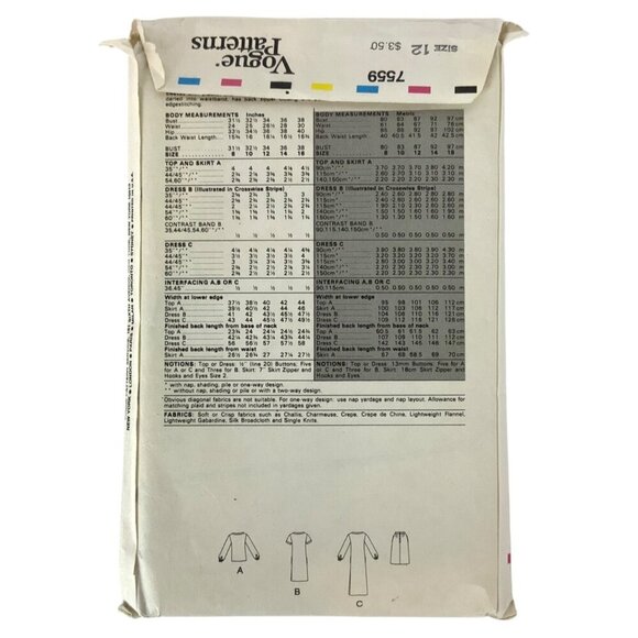 Vogue 7559 Sewing Pattern Ladies Size 12 Top Skirt Dress Vintage 90s - Picture 2 of 3